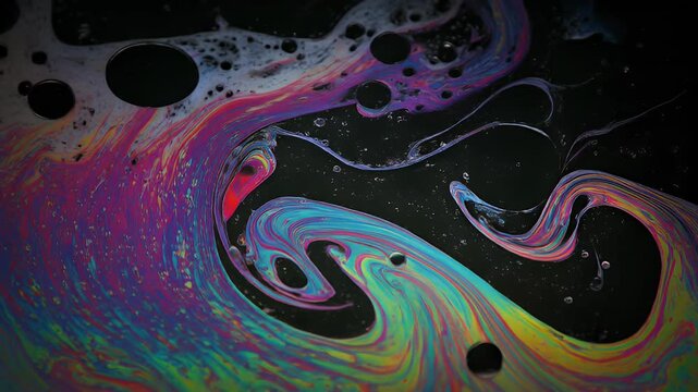 Vibrant colorful swirl patterns float on a dark surface with fluid movement and light reflection.