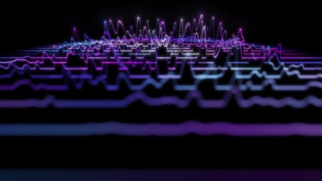 Neon glowing abstract audio waveform animation, futuristic purple blue equalizer lines on black background, sound analyzer screen with frequency pulse, 4k, 60 fps, HUD, loop