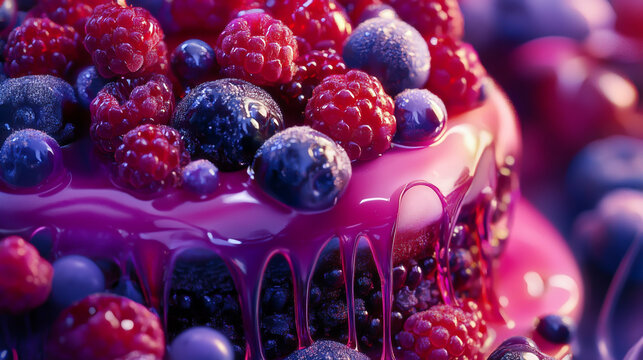 Close-up of indulgent cake topped with fresh raspberries and blueberries with dripping purple glaze no people no brand high calorie dessert bar