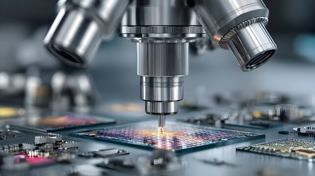 Microscope lens inspects a complex semiconductor wafer with extreme precision to ensure quality control standards are met within an advanced high-tech laboratory environment for electronic production.