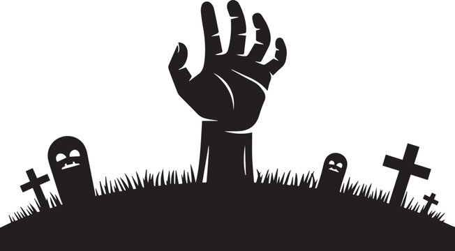 Spooky zombie hand rising from a grave in a creepy graveyard at night for a dark and frightening Halloween holiday concept