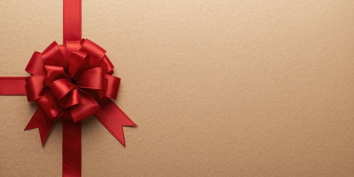 Cheerful holiday ribbon styled as bow resting on coarse brown paper wrapping background with copy space