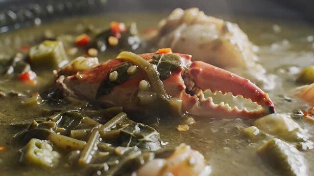 Closeup of a steaming seafood gumbo with crab claws and okra.