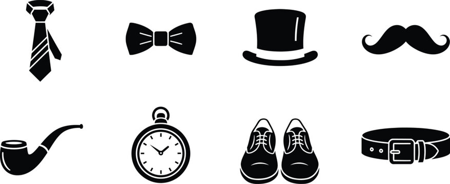 Vintage gentleman style icons set bowtie top hat mustache shoes and classic accessories