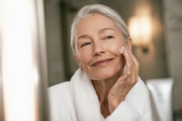 Fototapeta premium Mature woman applying sunscreen on face in bathroom mirror