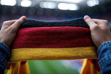 German football supporter holding black red gold scarf in stadium