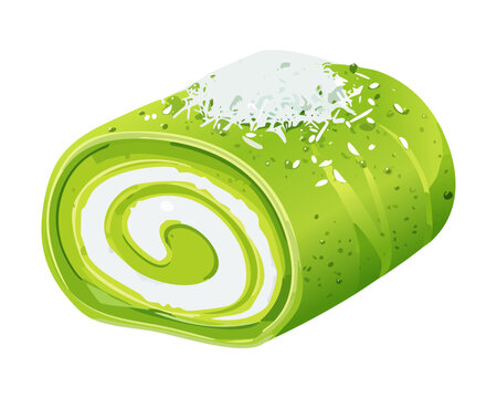 Fluffy green pandan roll cake slice decorated with powdered sugar powder dusting on white empty background - Vector Illustration
