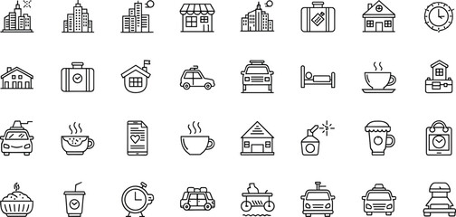 Travel and city lifestyle line icon set, hotel, taxi, coffee, luggage, buildings, vector illustration © Nafij World
