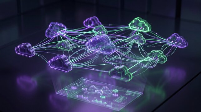 Neon API flowchart glowing purple green lines microservices concept. Futuristic cloud computing network visualization with vibrant neon colors.