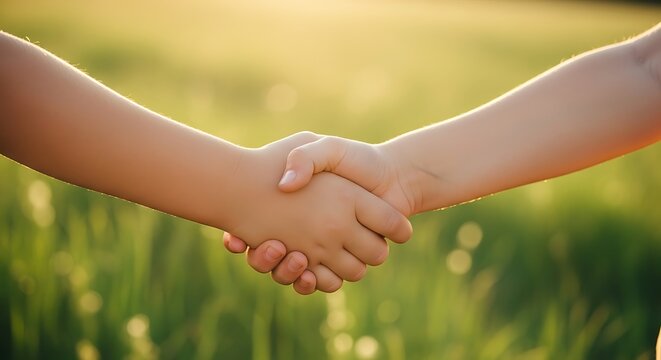 Children's handshake in meadow symbol of trust and agreement