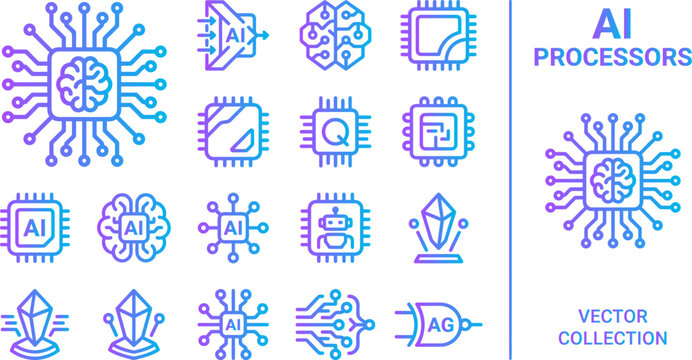 AI processors and brain chip icons with circuit board lines gradient.