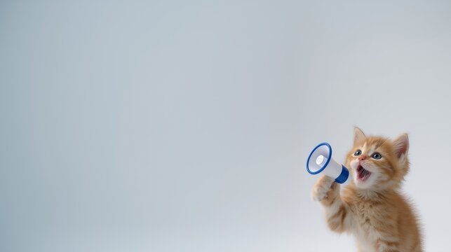 Cute orange kitten holding a megaphone, shouting or announcing on megaphone, copy space, playful advertising concept.