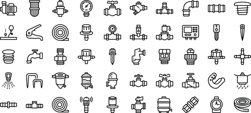 Industrial plumbing and pipeline equipment outline icons collection with mechanical utility components vector illustration set
