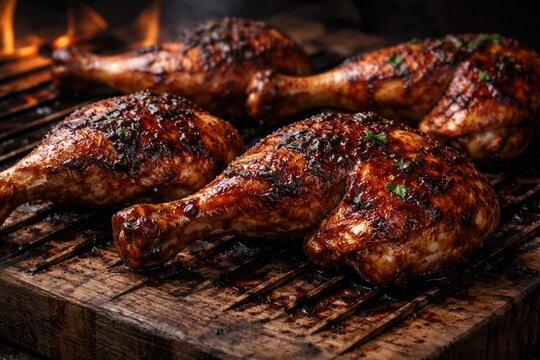 Smoky grilled chicken leg quarters with rich barbecue glaze on rustic wood