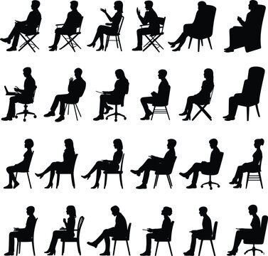 A set of twenty black silhouette illustrations of people sitting in various chairs