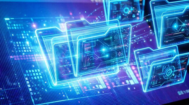 Futuristic digital folders and data processing in a vibrant tech environment.