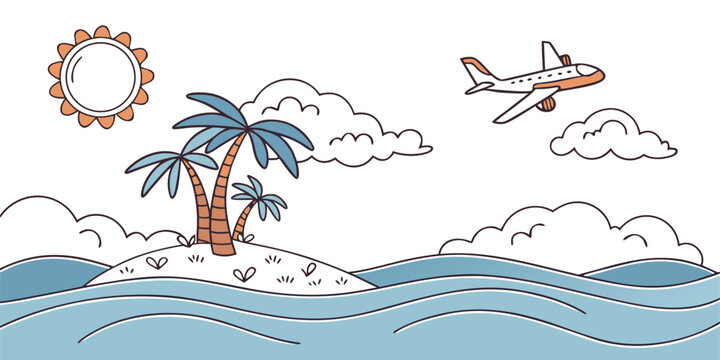 Cartoon-style travel illustration showing airplane, tropical island with palm trees, and ocean waves under a sunny sky, ideal for summer getaways