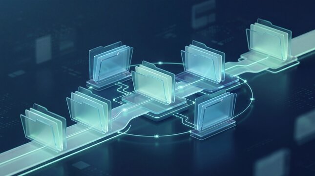 Futuristic digital folders connected in a network, representing data management.