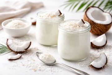 Obraz premium White background with jars of creamy coconut yogurt and sprinkled coconut flakes with copy space