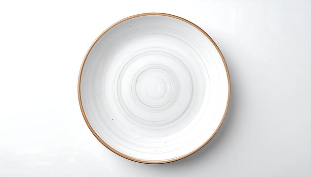 An overhead shot displays a ceramic plate with a light brown rim. The plate features subtle concentric swirls and a clean white center