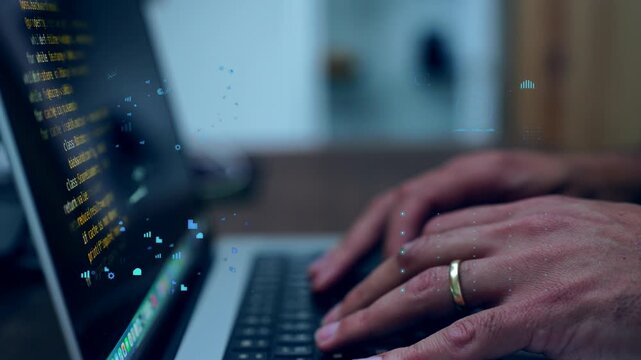 Developer hands typing on laptop keyboard with Python source code and syntax highlighting visible on dark IDE screen