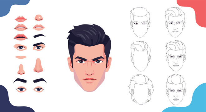 Comprehensive male character face creator kit provides various eyes, noses, mouths, and hairstyles for customization.