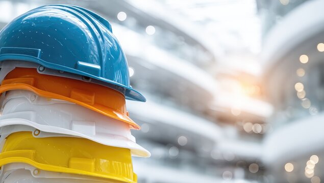 Stack of colorful hard hats against a blurred modern building interior