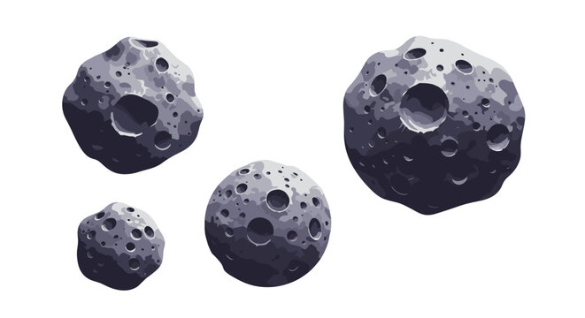 Set of gray asteroid icons with craters and textures illustrating celestial bodies in outer space against a clean white background.