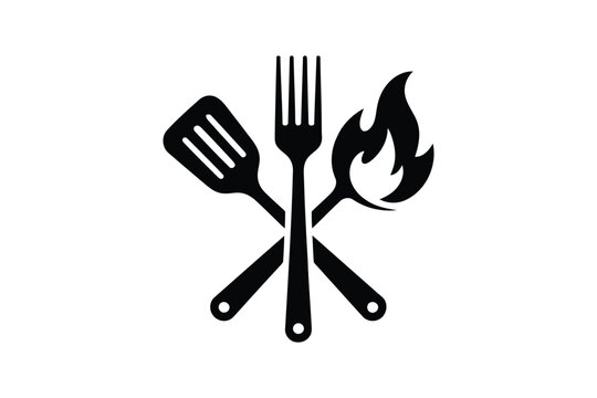 Black and white crossed fork spatula and flame cooking utensils