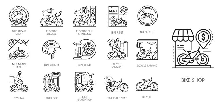 Bicycle and bike service line icons with electric bicycles, charging station, rental and parking, helmets, locks and pumps, navigation, child seats, repair shop and city transport