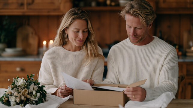 Couple unboxing a professionally freeze-dried bouquet preservation kit at their kitchen table, reading the instruction sheet together, the original wedding bouquet laid nearby on tissue paper for do