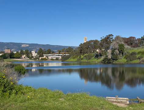 Santa Barbara, California, USA. - January 26, 2026: UCSB University Lagoon with forested land tongue. Storke tower peeps above under blue cloudscape