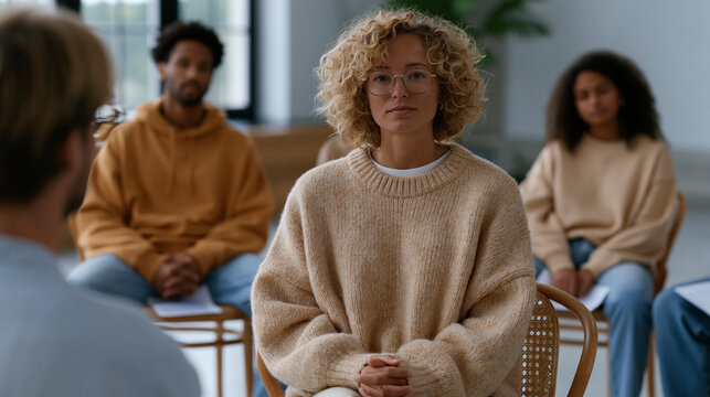 Community educator leads a workshop in a minimalist studio with young adults from multiple backgrounds seated in a semicircle, facilitating open discussion about radicalization warning signs and pat