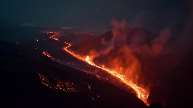 Erupting Volcano with Flowing Lava Across the Landscape