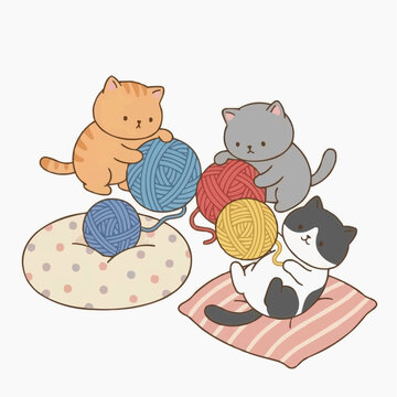 An adorable cartoon illustration featuring three playful cats of different colors interacting happily with colorful balls of yarn and soft pillows.