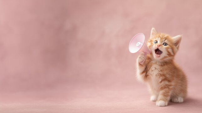 Cute orange kitten holding a megaphone, shouting or announcing on megaphone, copy space, playful advertising concept.