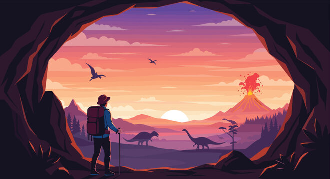 Hiker looking out from a cave at a prehistoric landscape with dinosaurs and a volcanic eruption under a colorful sunset sky.