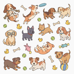 Obraz premium A joyful collection of diverse cartoon puppies playfully interacting with various toys including frisbees, balls, bones, and rubber ducks, radiating happiness.