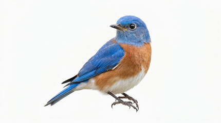 Fototapeta premium A solitary Eastern Bluebird perched on a branch against a white background, showcasing its vibrant blue and orange plumage in a serene and peaceful atmosphere.