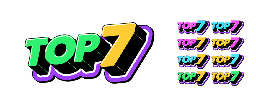 Top 7 rating, text icon set. Text Top 7 in 3D style, best choice list, winner review, leader chart. Top7 tag, rank number with isometric letters for graphic design in pop art style, vector set