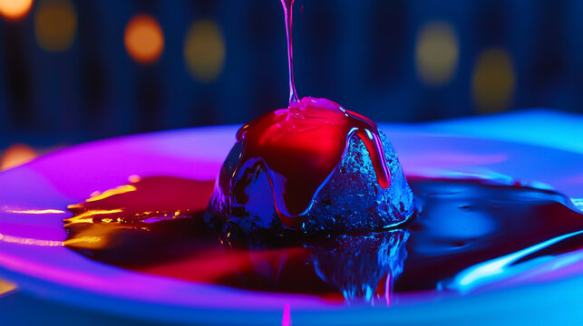 Dark spherical dessert drizzled with red sauce on a plate under blue and purple neon lighting fine dining delicious dramatic presentation