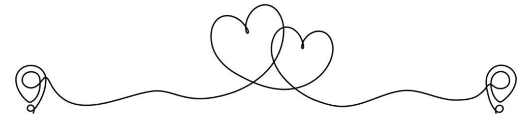 Fototapeta premium Love path. Romantic destination concept. Pin map with hearts couple shape continuous line drawn. Vector illustration isolated on white.