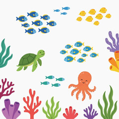 Fototapeta premium A vibrant underwater scene showcases a green sea turtle, a smiling orange octopus, and multiple schools of colorful fish swimming among diverse coral and seaweed.