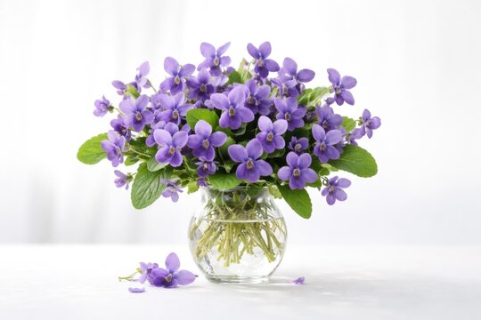 Beautiful violet viola odorata floral arrangement in a vase on a bright white background designed for copy space