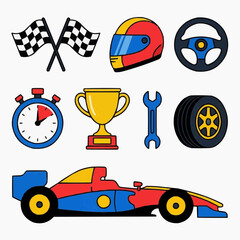 Fototapeta premium An exciting collection of racing-themed icons featuring checkered flags, a helmet, steering wheel, stopwatch, trophy, wrench, tire, and a sleek race car.