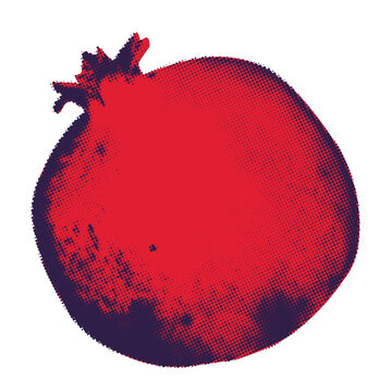 Whole pomegranate fruit in retro pop art style. Bold red exotic fruit paper cutout with halftone texture. Modern retro fun vector illustration for mixed media design, collage and scrapbook