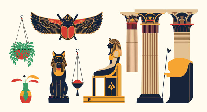 Ancient Egyptian cultural icons including Cleopatra, a sacred scarab beetle, a cat statue, and tall ornate columns for history themes.