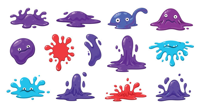 Group of friendly and funny slime monsters in purple and blue colors with various expressive faces for kids and game designs.