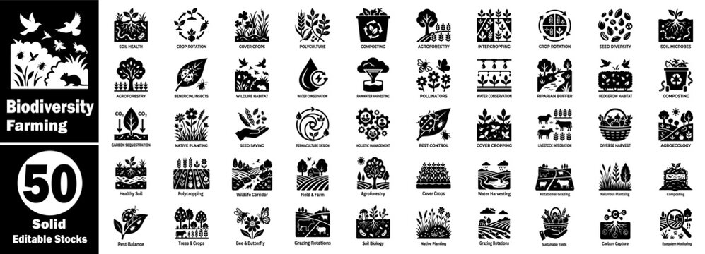 Biodiversity farming solid icon set. Highlighting ecological agriculture methods, sustainable land management, crop rotation, and nature.