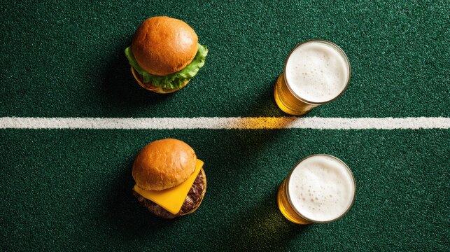 Two mini burgers and two beers arranged on a green turf, split by a white line